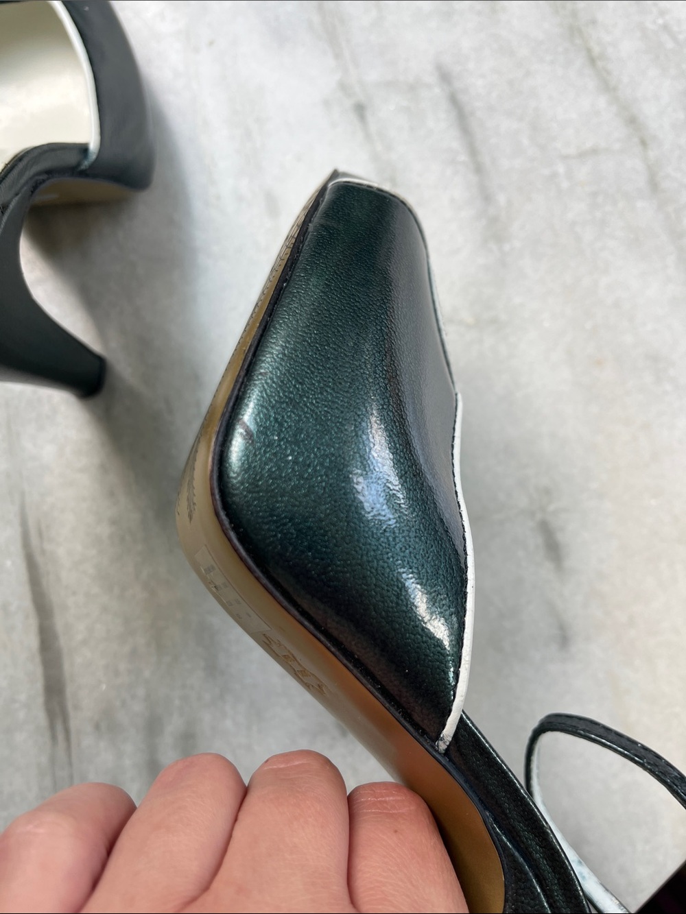 Nascar Dark Green Peep-Toe Ankle Strap Heels with White Trim - Picture 12 of 15